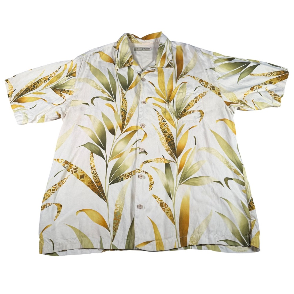 Tommy Bahama Button Down Shirt Mens L Yellow Silk Tropical Leaf Short Sleeve